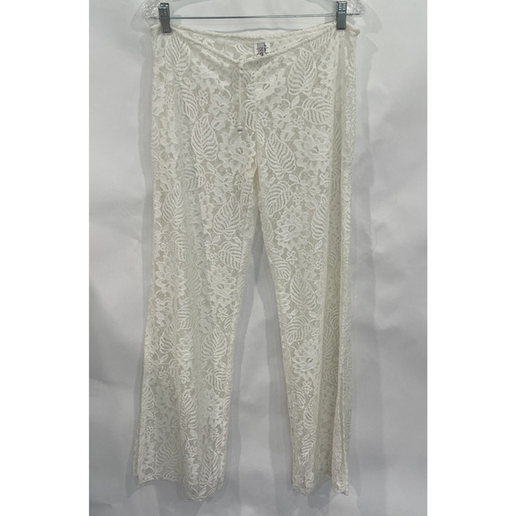 BECCA Split Leg Crochet Swim Cover Up Pants Ivory Floral Sheer Size XS/S Resort - Picture 1 of 13